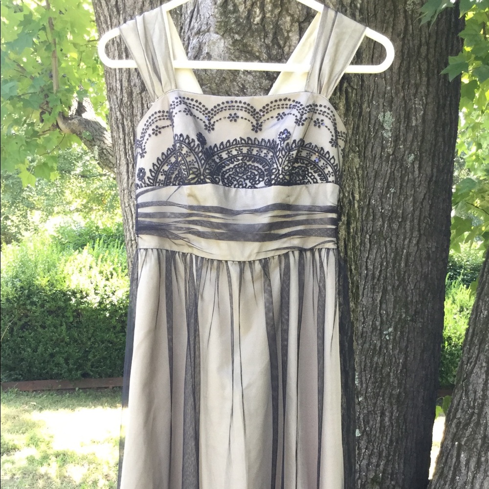 David’s Bridal midi Black and Tan sequined dress